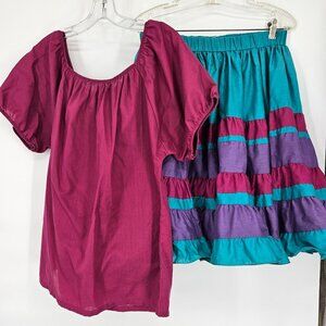 Prairie Shirt Skirt Set M Purple Teal Blue Lace Trim Cotton Blend Dance Western